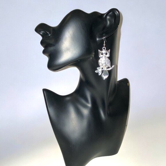 Silver Tone Owls Pierced Earrings Light Weight Clear Stones - Picture 2 of 5